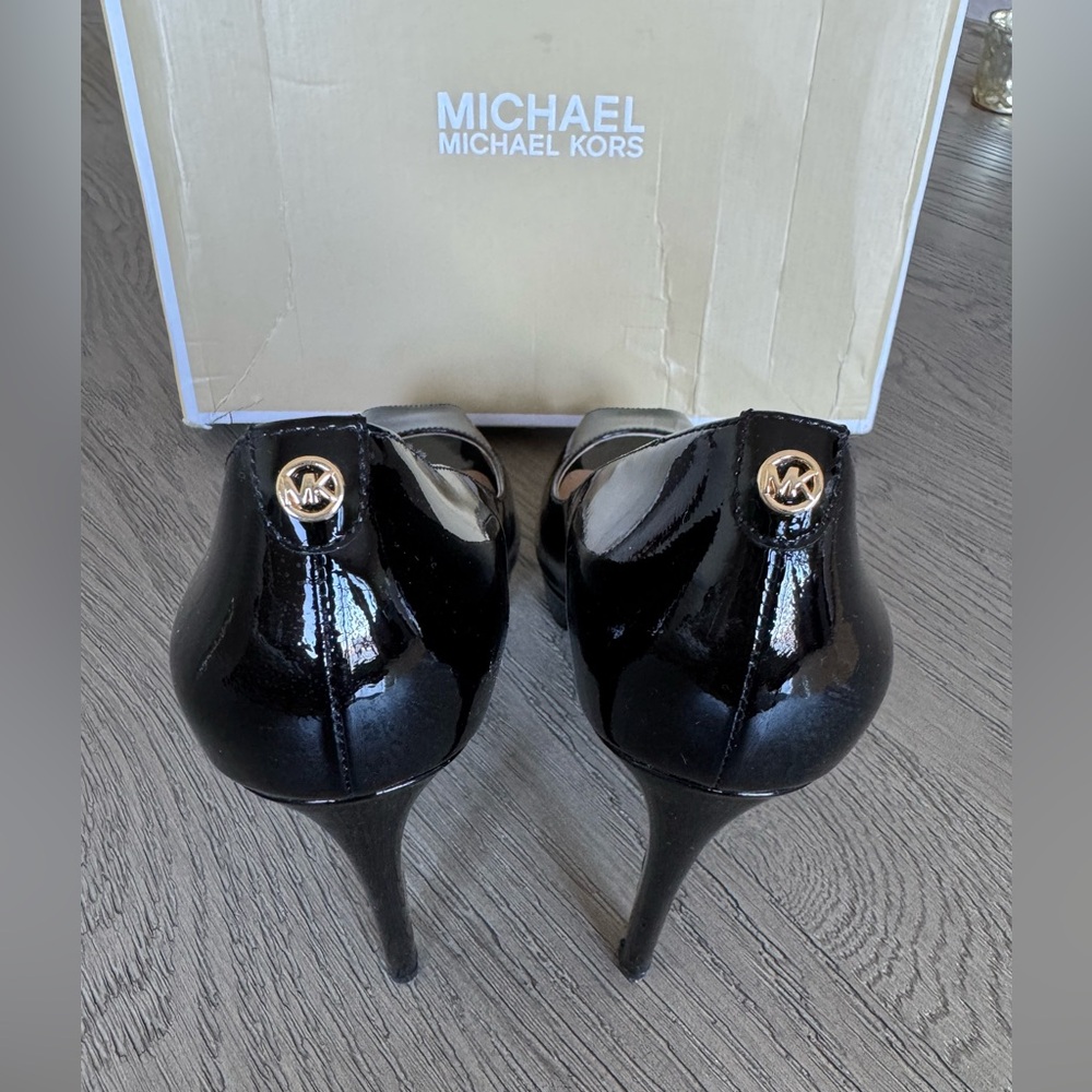 Michael Kors 4 Inch Stiletto Heels, Peep Toe, Black Patent Leather, Size 6.5 - Picture 2 of 9